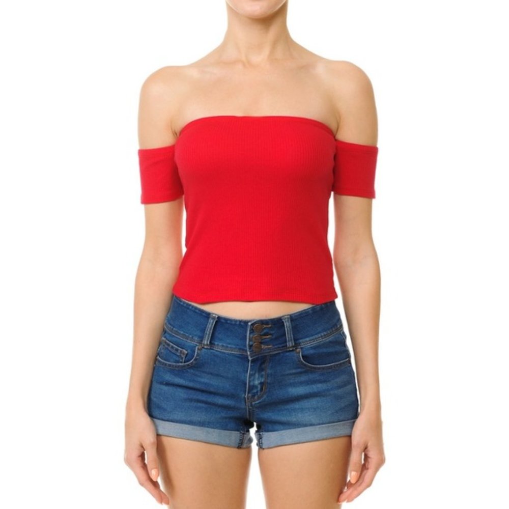 Red ribbed off the shoulder crop top